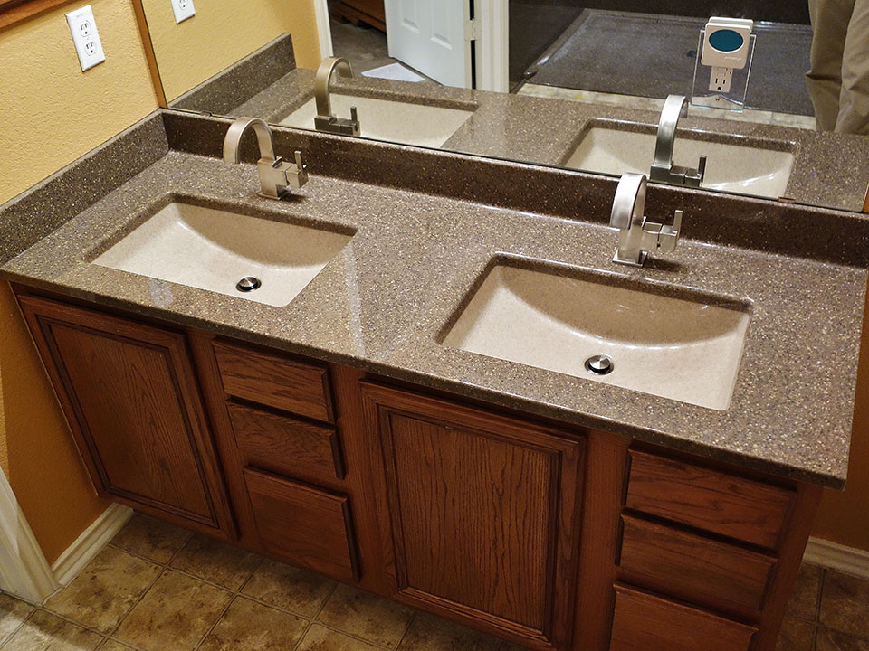 bathroom double sink countertop with wall storage cabinet