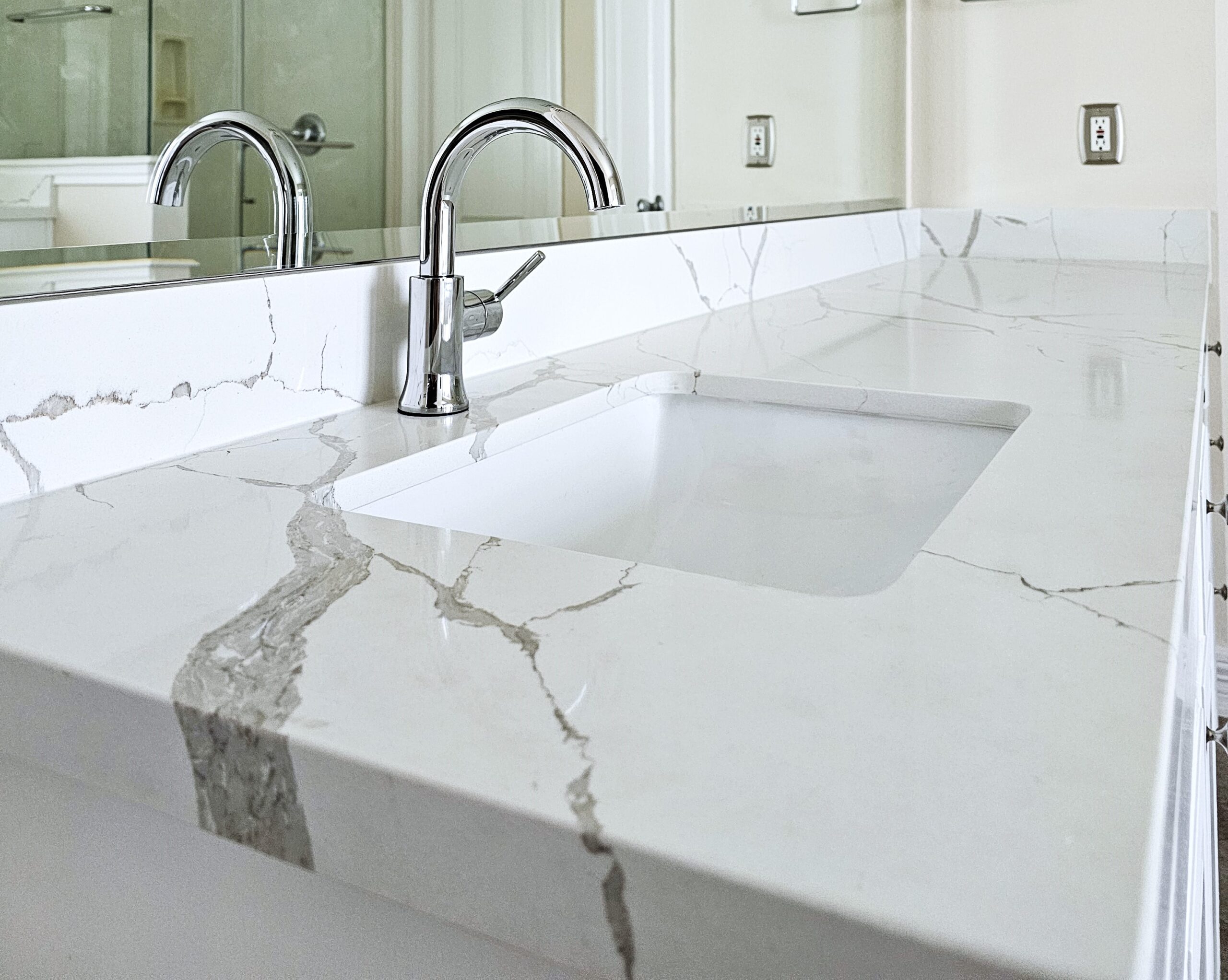 Marble-Look Quartz Countertop With Porcelain Undermount Sink, Installed 2023
