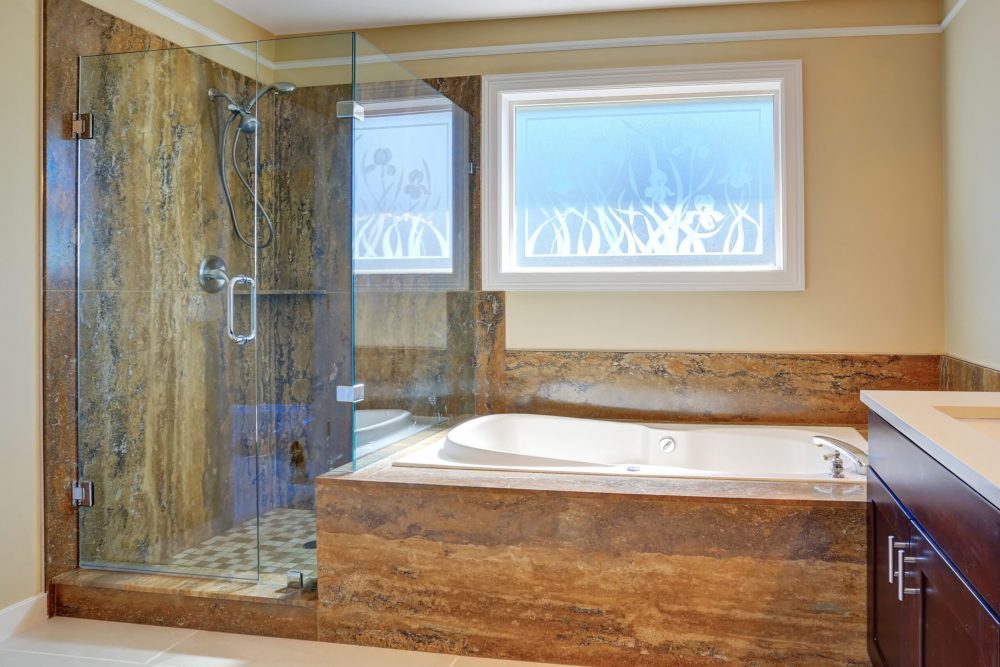 Luxury Bathroom Interior With Large Vanity Cabinet, Glass Cabin