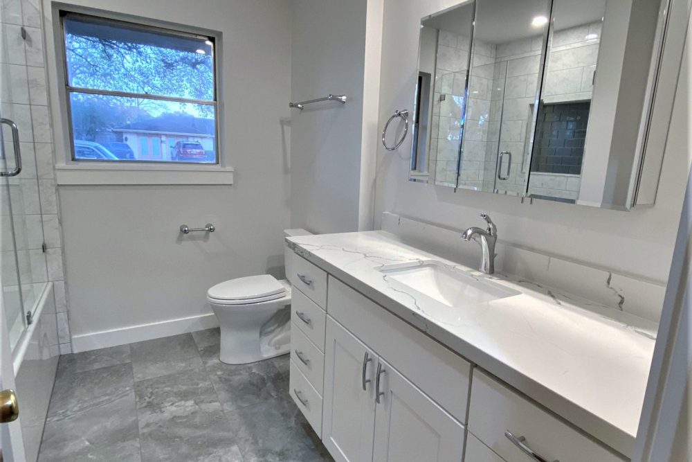 GUEST BATH Remodel Full Remodel Tile Floor Vanity Quartz Countertop